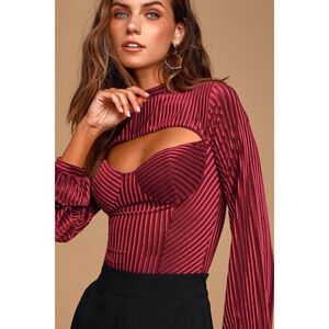 Lulus Always Alluring Burgundy Striped Velvet Cutout Bustier Bodysuit Red